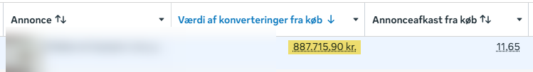 Resultat for en tidligere vinderannonce - omsætning og afkast. Navn og kreativ er sløret.